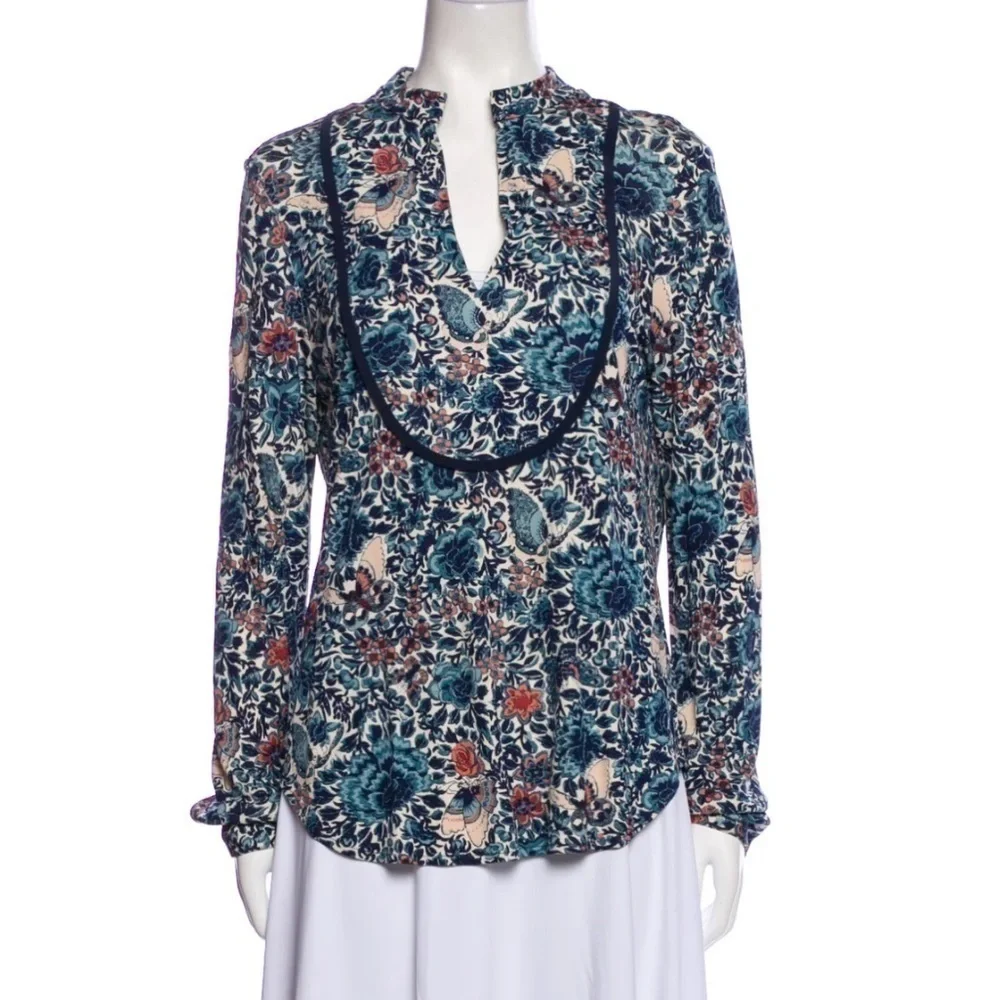 Tory Burch Silk  Floral Butterfly Print V Neck Blouse